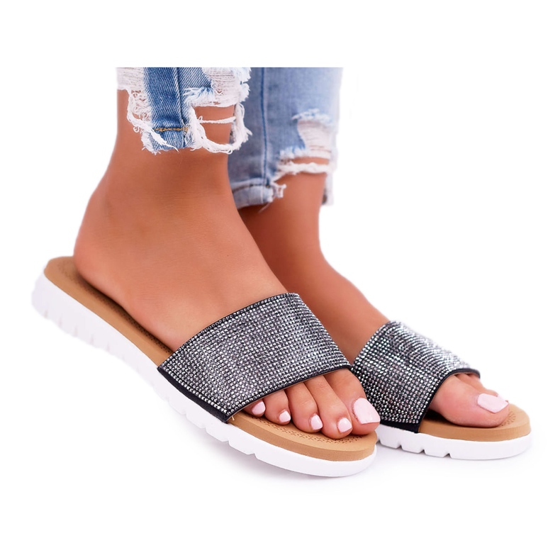 Lu Boo feminino chinelos pretos com lantejoulas guloseimas