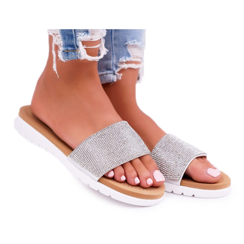 Chinelos femininos de prata com lantejoulas Lu Boo cinza