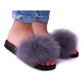 Chinelos femininos com pele natural cinza Naturis