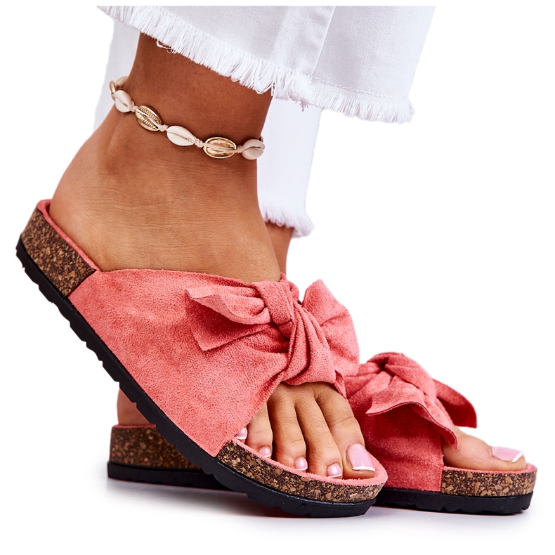 PS1 Chinelos femininos de coral com cortiça Bow Wendy rosa