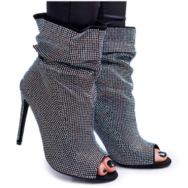 Botas femininas de salto alto Lu Boo strass bandas pretas preto Botas femininas de salto alto Lu Boo strass bandas pretas preto