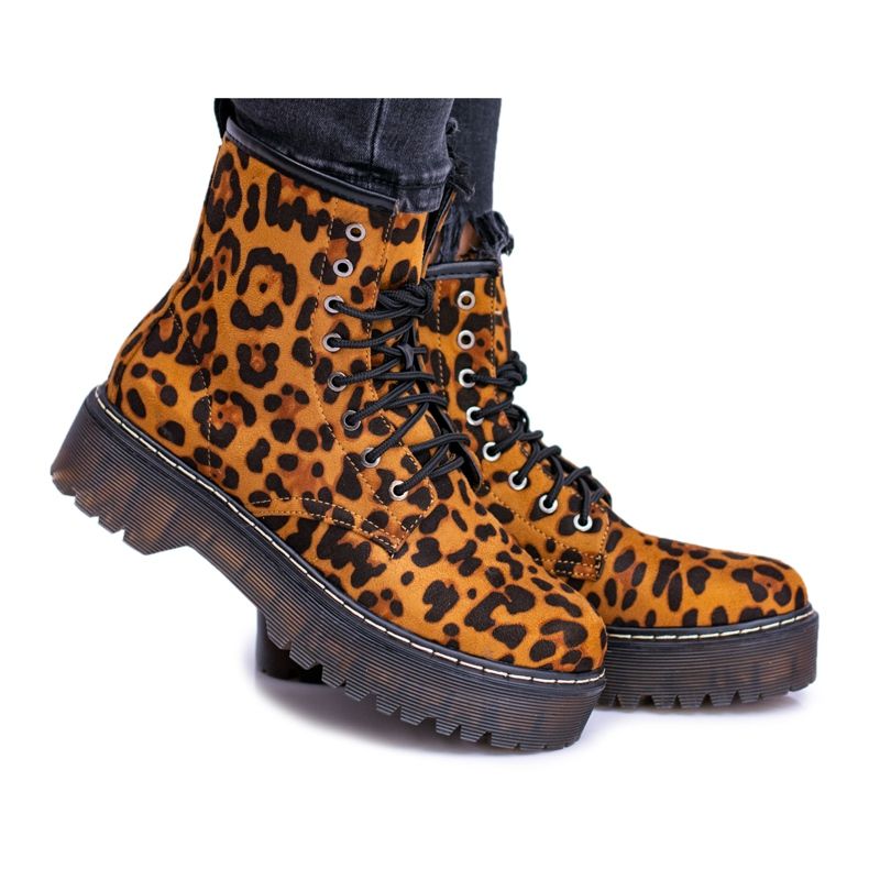 FRID Botas altas femininas com estampa de leopardo grande castanho