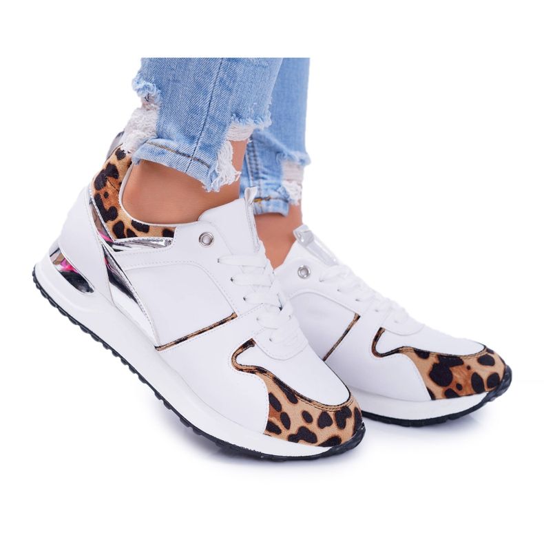 Sapatos esportivos femininos com padrão leopardo branco Fippo
