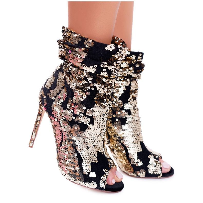 LU BOO Botas femininas de salto alto elegantes lantejoulas Golden Harley preto amarelo