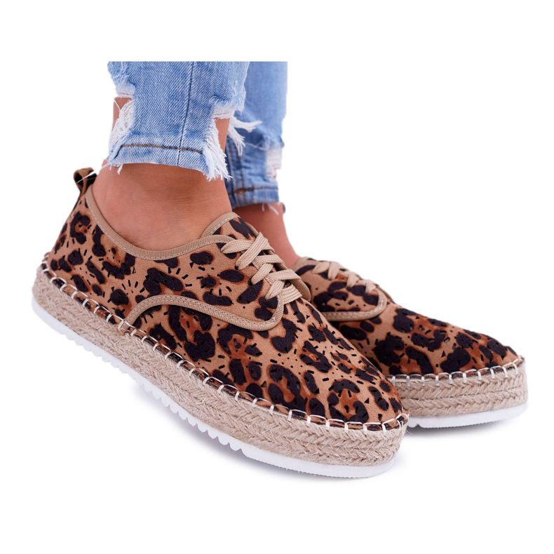HAN Alpargatas femininas com renda em camurça leopardo Meus sapatos castanho