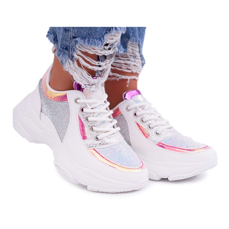 Calçados esportivos femininos com solado grosso glitter branco Ranea cinza