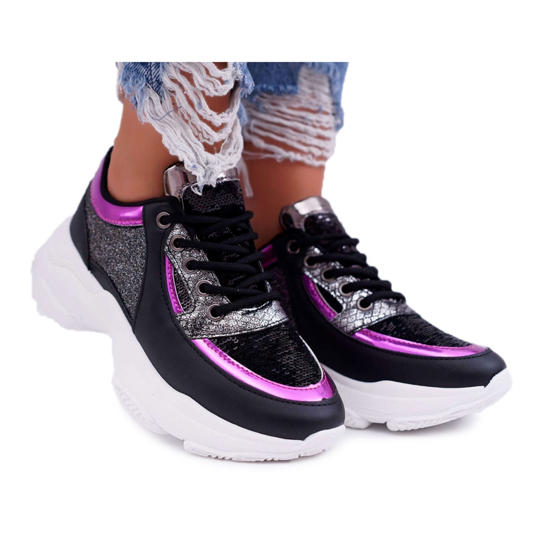 Sapatos esportivos femininos com solado grosso glitter preto Ranea cinza