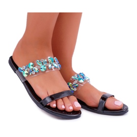 Chinelos femininos Lu Boo elegantes com zircônia cúbica elementar preta preto