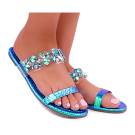 Chinelos femininos Lu Boo elegantes com zircônia cúbica azul elementar