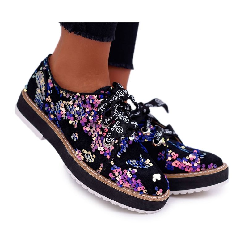 Brogues femininos Lu Boo Violet Lantejoulas Luar preto tolet multicolorido