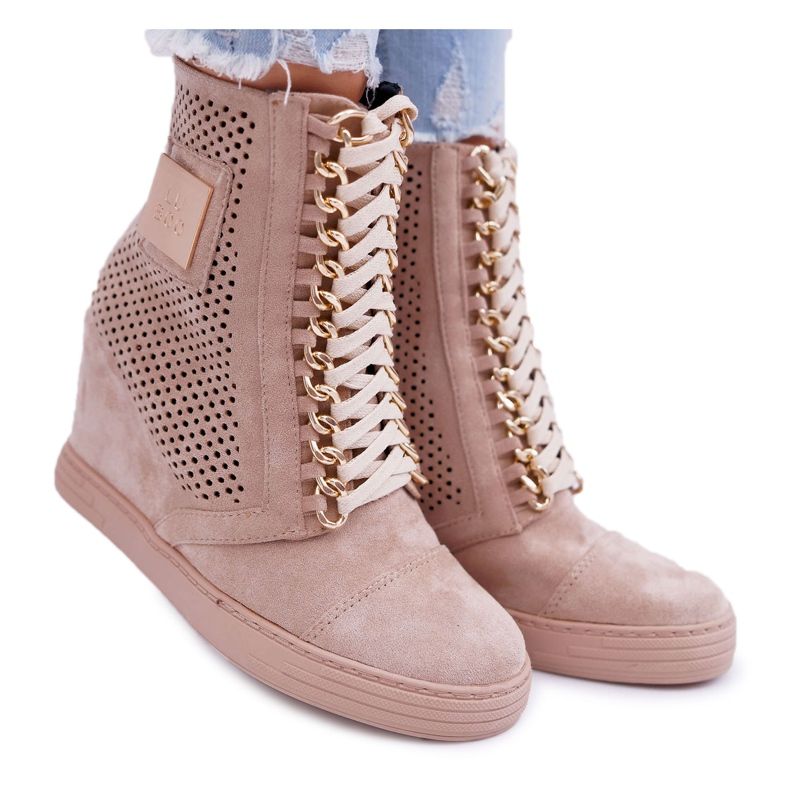 Tênis feminino Lu Boo Openwork Suede Beige Clamma bege