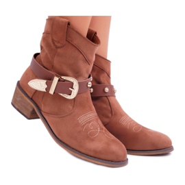 FRBS Botas femininas de salto baixo Botas de cowboy com fivela Camel Ewella marrom