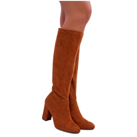 BUGO Botas femininas de salto até o joelho Camel Mercure marrom