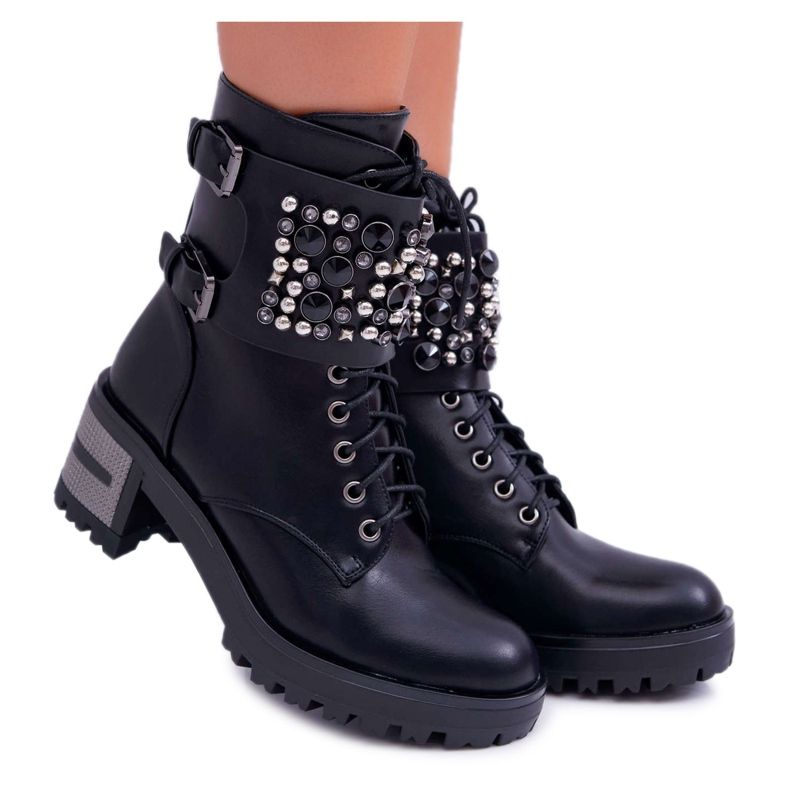 POPA Botas altas femininas rock com aba preta infinita preto POPA Botas altas femininas rock com aba preta infinita preto
