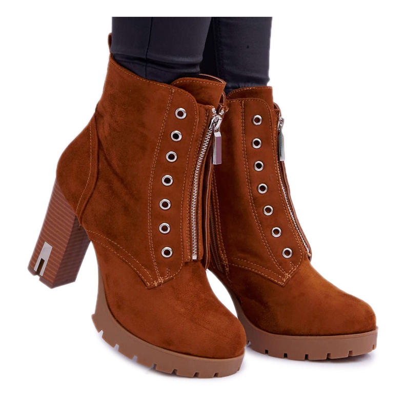 FRERY Botas femininas de salto alto com zíper decorativo em Suede Camel Imagine castanho