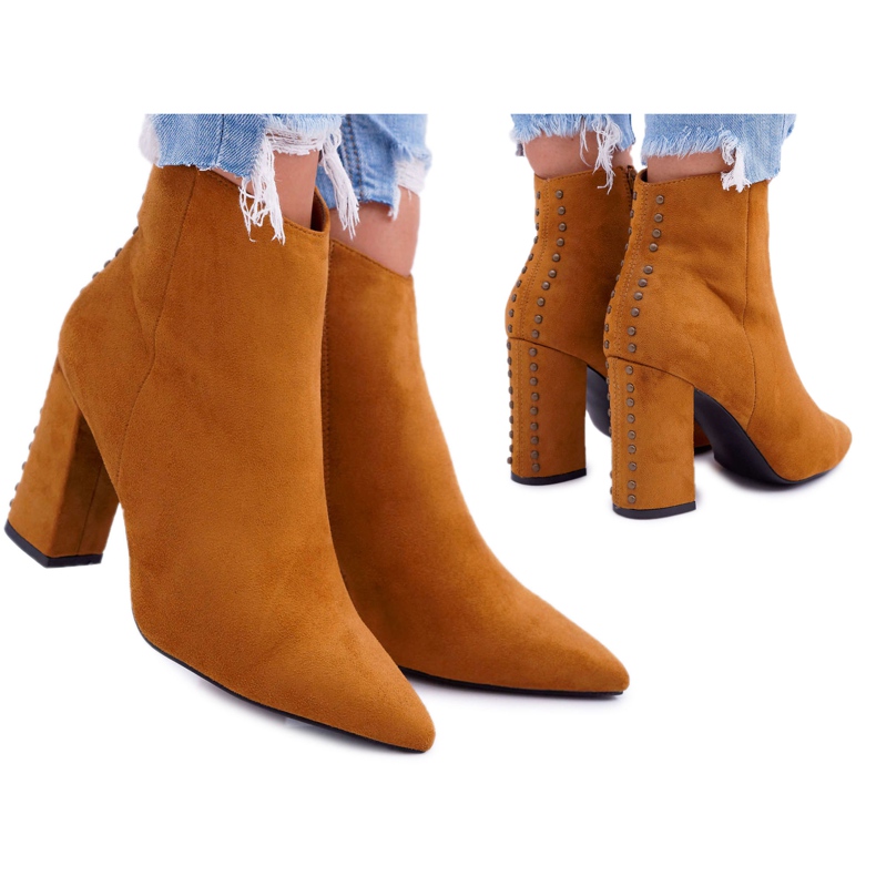 PS1 Botas femininas de salto alto com rebites no Spitz RB23P Camel Snack castanho