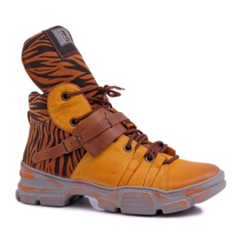 Botas femininas de couro maciejka amarelo 04218 marrom