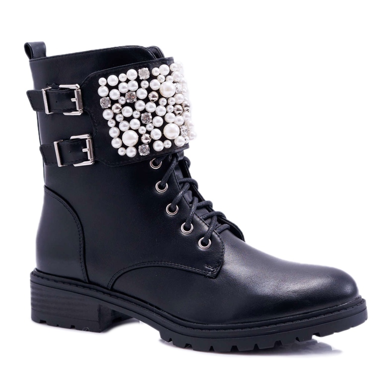 FRID Botas femininas de salto plano militar preto Bemmer