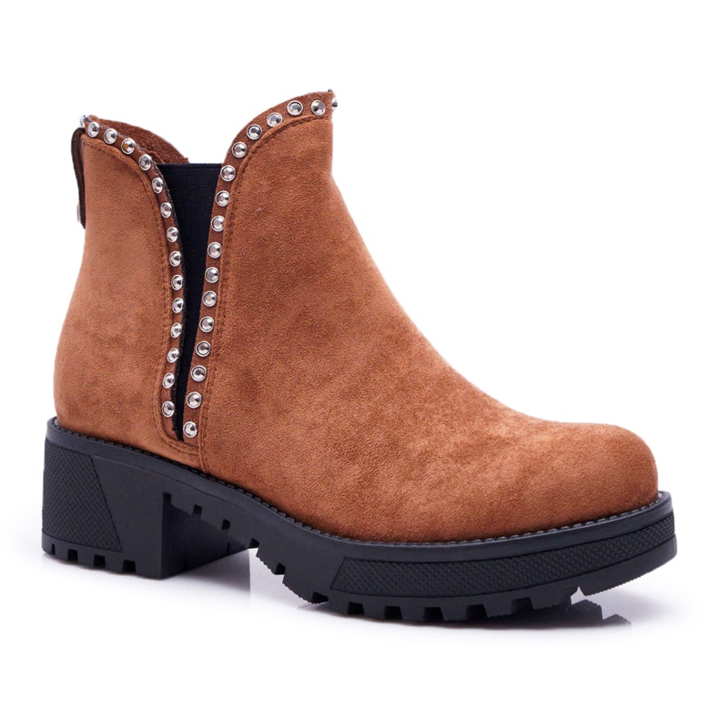 FRBS Botas femininas Chelsea com maricas camelo zircônia cúbica castanho