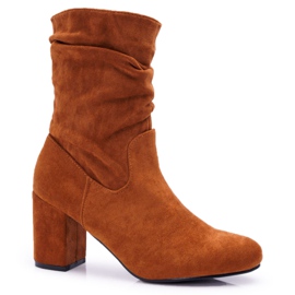 FJ1 Botas femininas com salto em camurça camelo sem fim castanho