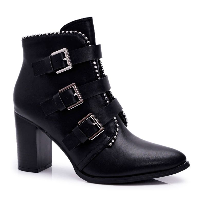 FJ1 Botas femininas de salto alto com fivelas nas finas pretas preto