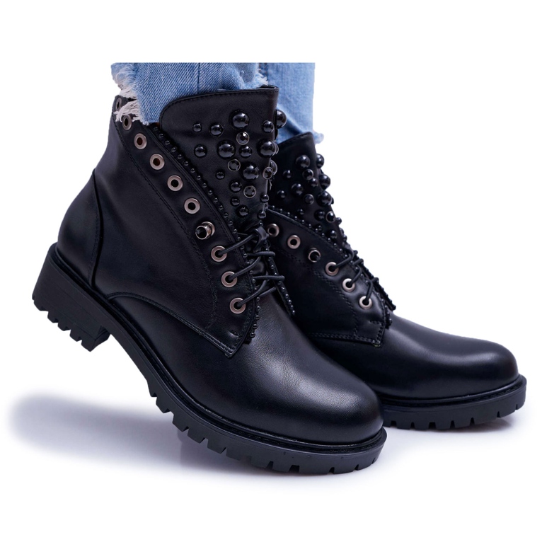FRID Botas femininas com pérolas Warm Black Memer preto