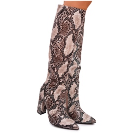 FRGIV Botas femininas com salto alto pele de cobra bege Brouny