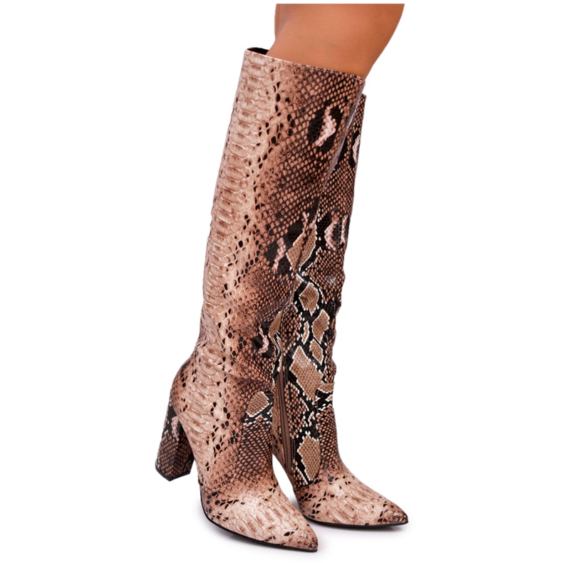 FRGIV Botas femininas com salto alto textura animal marrom Brouny castanho