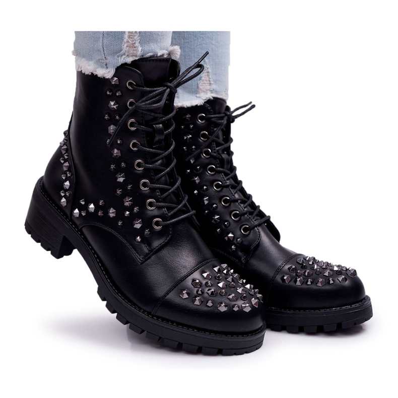 SEA Trabalhadoras de botas femininas com cordão preto de strass
