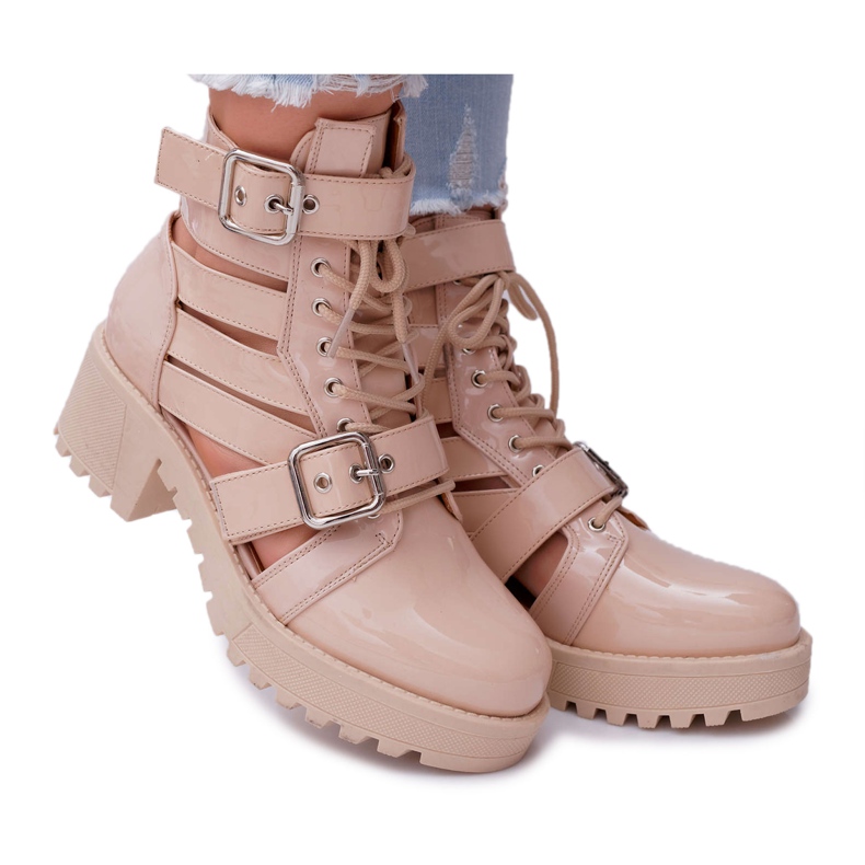 SEA Botas femininas com salto plano Primavera envernizado Bege Solteiro