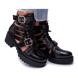 SEA Botas femininas de salto plano com mola lacada preta simples preto