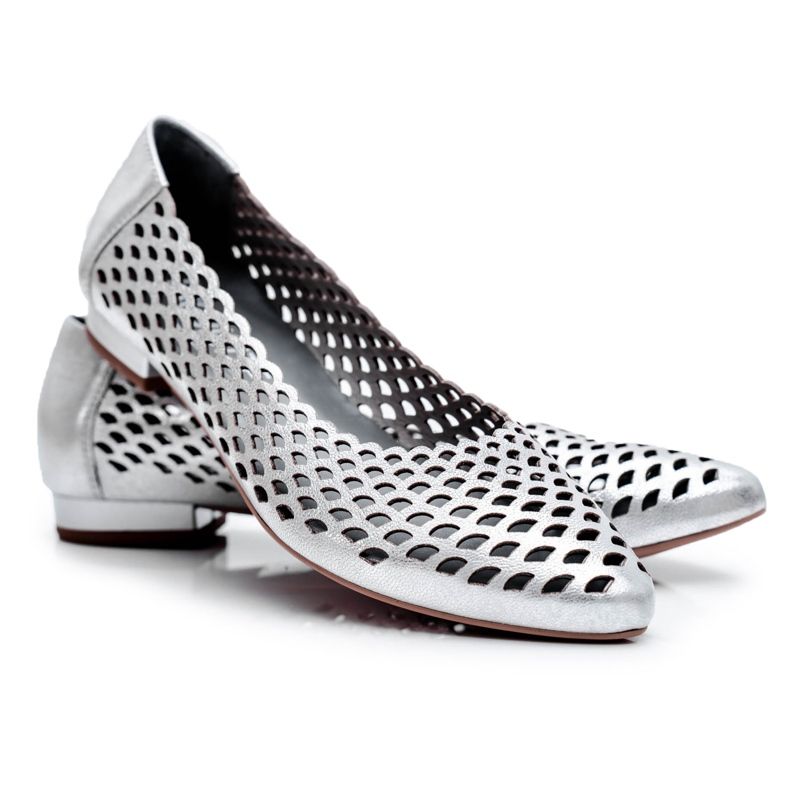 Exquisite Bailarinas femininas de couro prateado requintado 1107/1 cinza