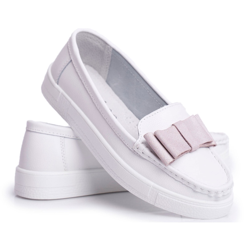 S.Barski Mocassins femininos em couro branco e rosa Lovren