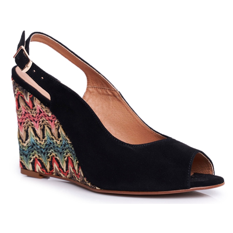 Sandálias femininas com cunha Laura Messi Couro Preto 1964