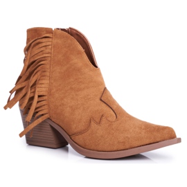 SEA Botas femininas de salto alto com franjas Cowboy Camel Sibi marrom