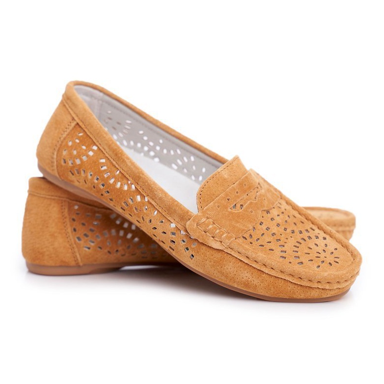 S.Barski Mocassins femininos com aberturas de couro Camel Salem castanho S.Barski Mocassins femininos com aberturas de couro Camel Salem castanho