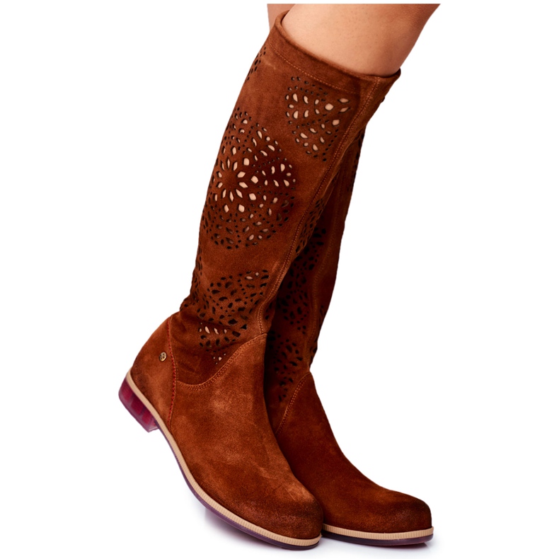 Botas altas femininas Maciejka Couro Openwork Camel 04525-29 castanho