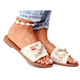 HAN Chinelos femininos bege com concha Espanha HAN Chinelos femininos bege com concha Espanha
