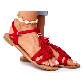 FJ1 Sandálias planas femininas camurça Boho Red Lucami vermelho FJ1 Sandálias planas femininas camurça Boho Red Lucami vermelho