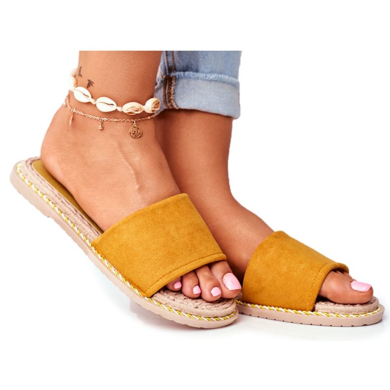 FRJ Chinelos de camurça clássicos femininos amarelos olhe para mim