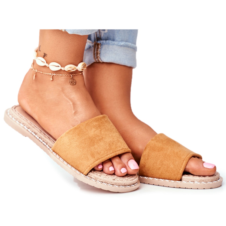 FJ1 Chinelos de camurça clássicos femininos de camelo, olhe para mim castanho