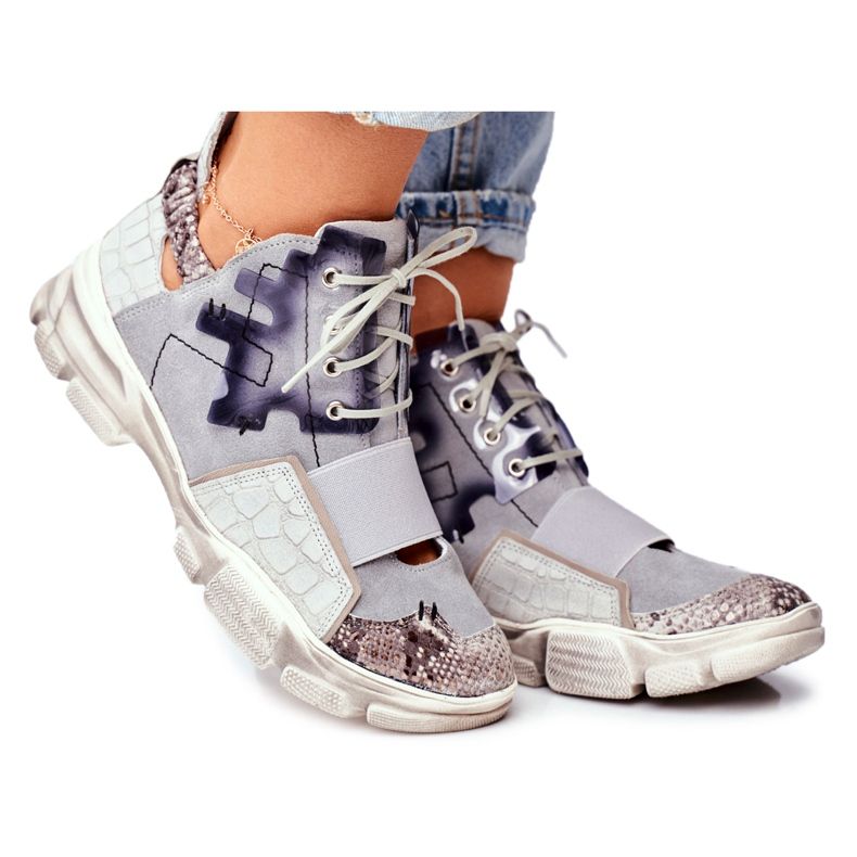 Tênis de couro feminino Maciejka 04423-13 cinza