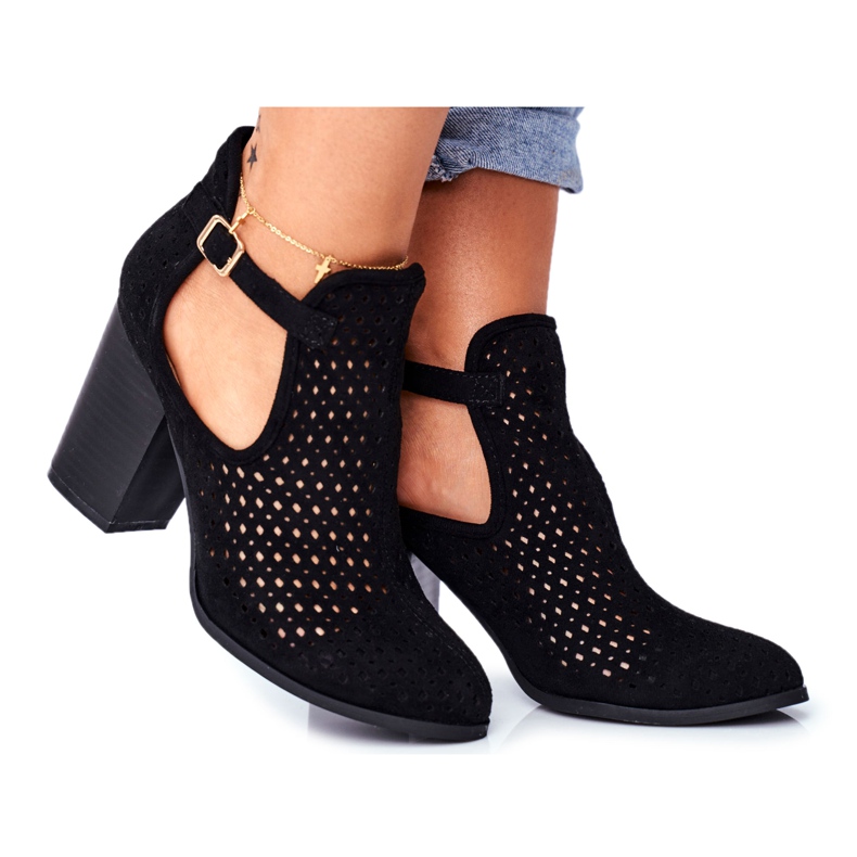 Bellucci Botas de salto feminino em camurça Openwork Black Morrena preto