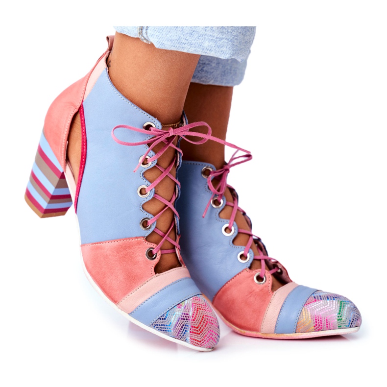 Botas femininas com salto de couro Maciejka Spring 03938-15 azul rosa Botas femininas com salto de couro Maciejka Spring 03938-15 azul rosa
