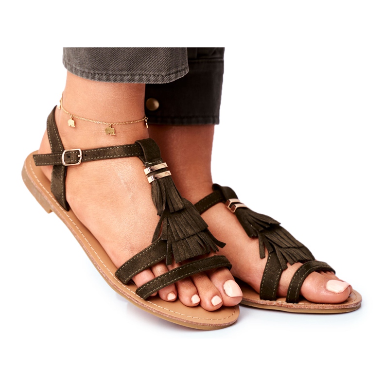 FJ1 Sandálias femininas camurça lisa Boho Olive Lucami multicolorido verde