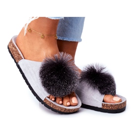 MSMG Chinelos femininos cinza com rolhas com pompom galaxo MSMG Chinelos femininos cinza com rolhas com pompom galaxo