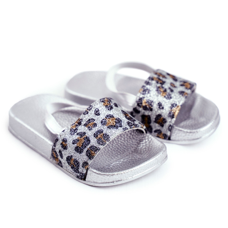 FRROCK Chinelos infantis para meninas de brocado leopardo prateado Rimia cinza