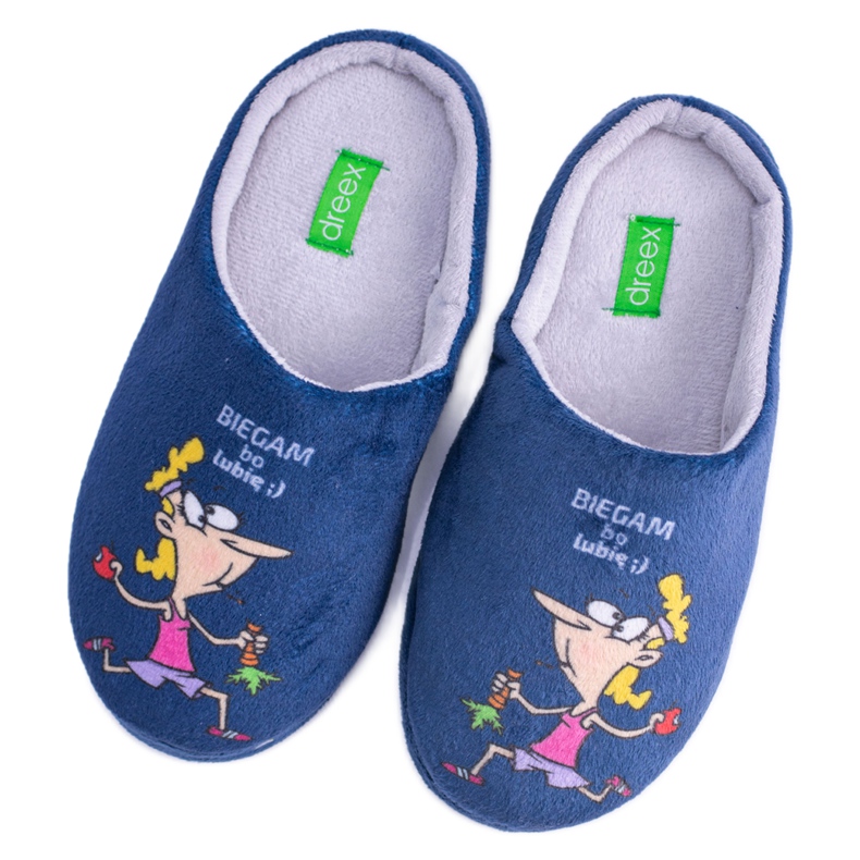 Chinelos Dreex Plush feminino azul marinho que corro porque gosto cinza