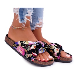 SEA Chinelos femininos pretos com flores de cortiça Wendy's Bow multicolorido