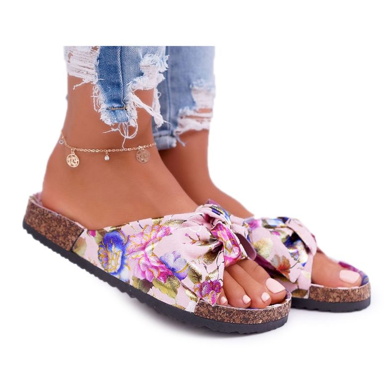 PS1 Chinelos femininos rosa com flores de cortiça Wendy's Bow multicolorido